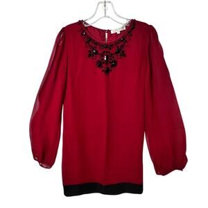 Gold Hawk Midi Dress in Garnet Red Black Silk Embellished Neckline Small